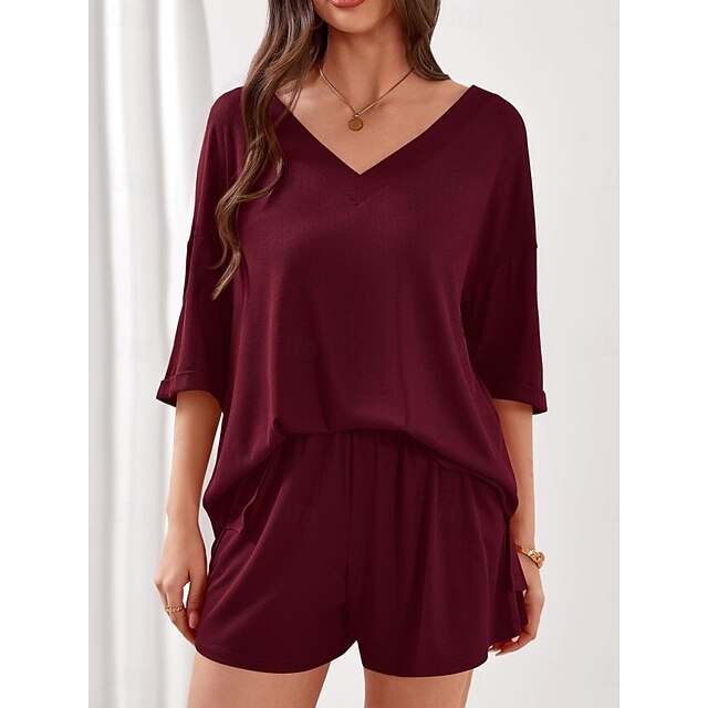 Women's Shorts Sets 3/4 Length Sleeve V Neck Solid Color