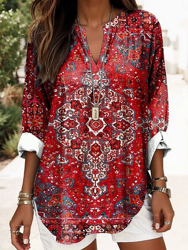 Women's Blouse Linen Like Breathable Lightweight Tunic V