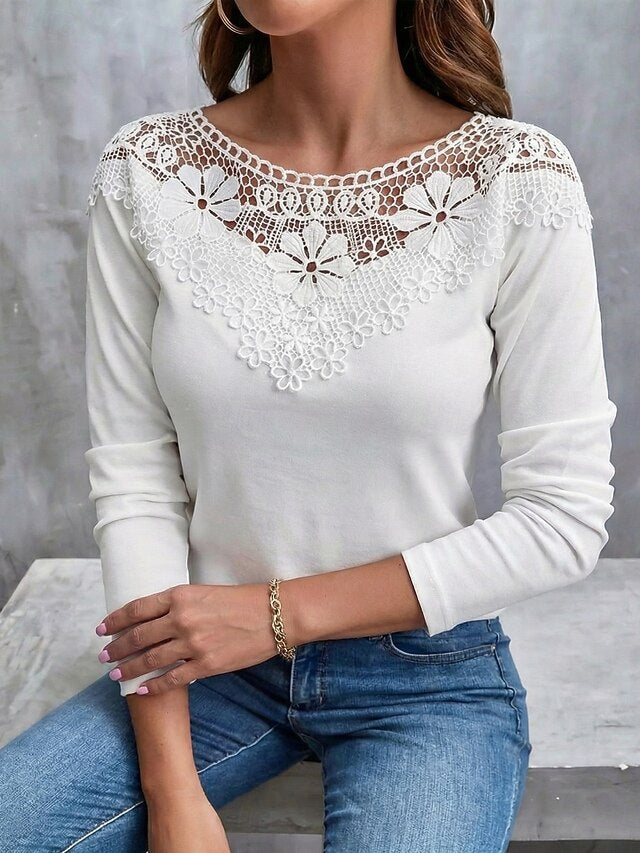 Women's T Shirt Lace T-shirt Tee Top Lace Patchwork Plain