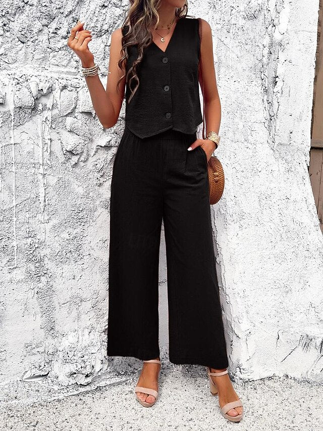 Women's Cotton Blend Vest Layered V-Neck Top Buttoned Crop