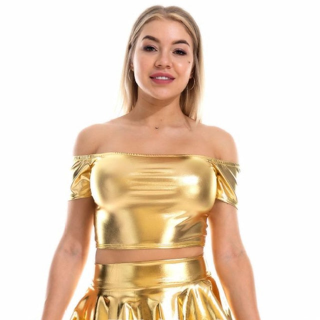 Metallic 1980s Shiny Latex Patent Crop Top PU Leather Off