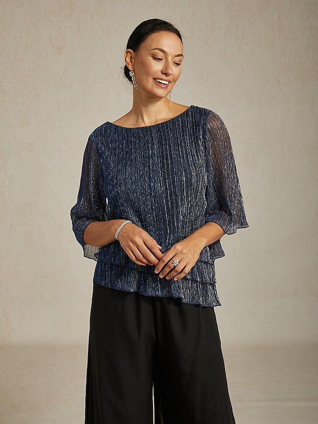 Women's Blouse Chiffon Tops Pleated Layered Metallic