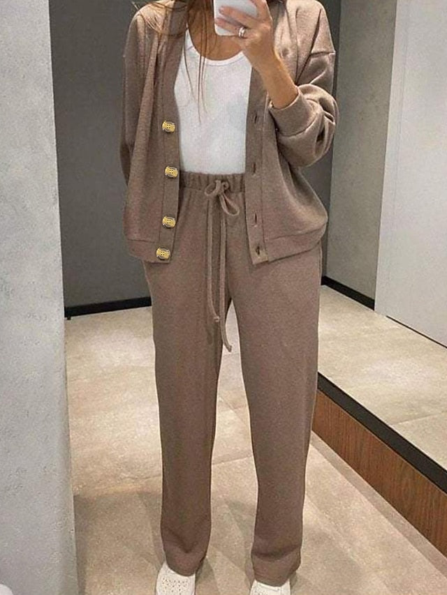 Women's Blouse Pants Sets Long Sleeve V Neck Solid Color