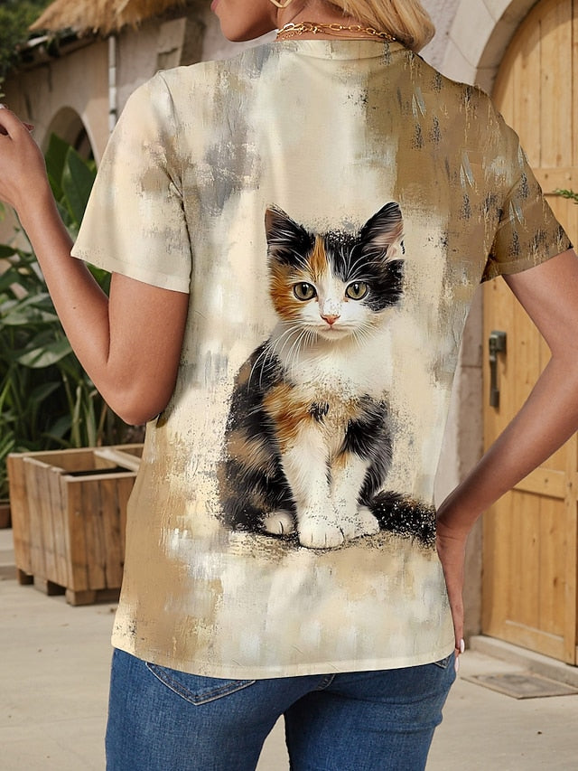 Women's T Shirt Print Graphic Animal Cat Stylish Classic