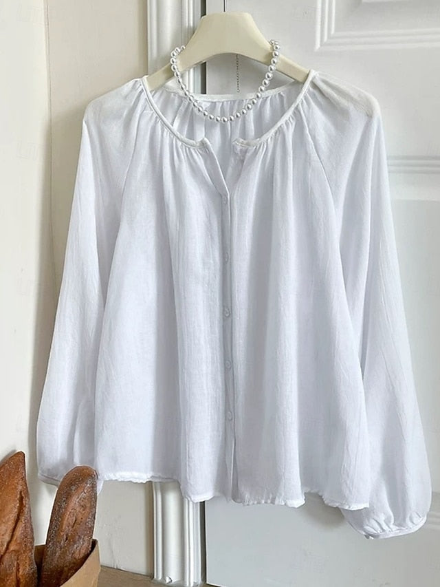 Women's Linen Like Faux Cotton Linen Blouse Ruched Solid