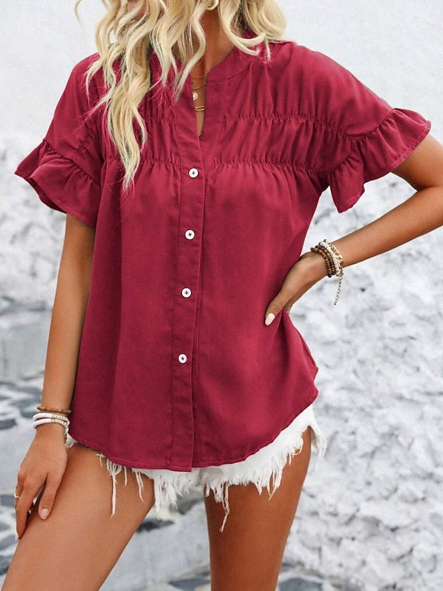 Women's Shirt Blouse Ruffle Buttons Solid Color Stylish