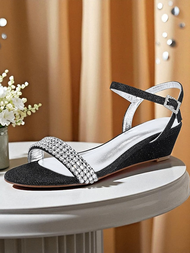 Open Women's Sandals Champagne Wedge - Toe Rhinestone