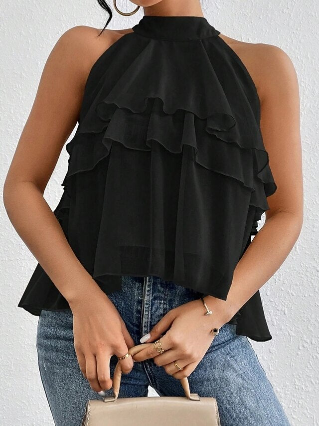Women's Tank Top Tee Top Ruffle Solid Color Elegant Fashion