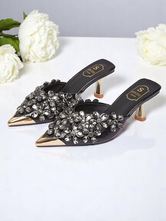 Mules Embellished Pointed-Toe – Rhinestone Women's Black
