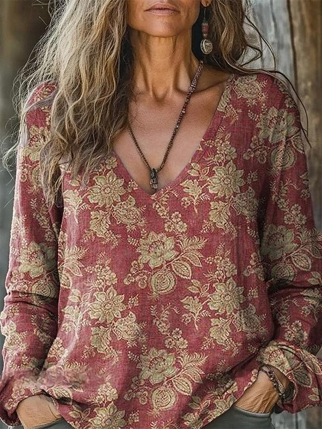 Women's Blouse Print Floral Bohemia Vintage Long Sleeve V