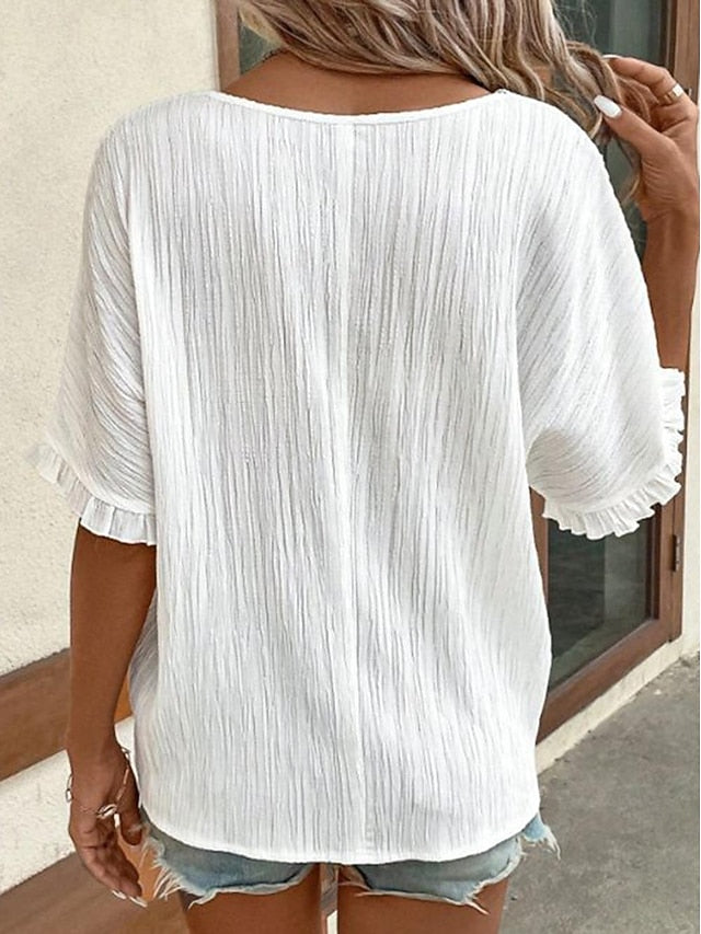 Women's White Elegant Lace Tops Eyelet Blouse Plain Lace