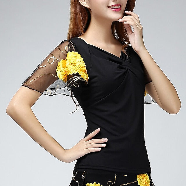 Latin Dance Ballroom Dance Top Embroidery Ruching Paillette