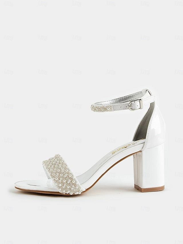 Ivory Strap Ankle Pearl-Embellished Heels for with Open-Toe