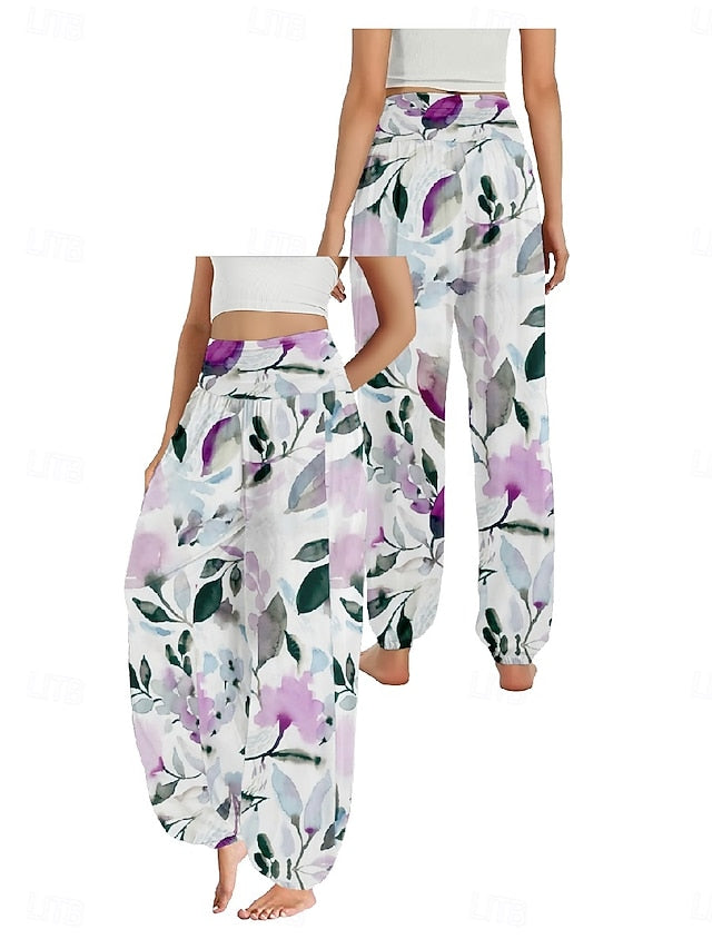 Women's Faux Cotton Linen Wide Leg Pants Trousers Ethnic