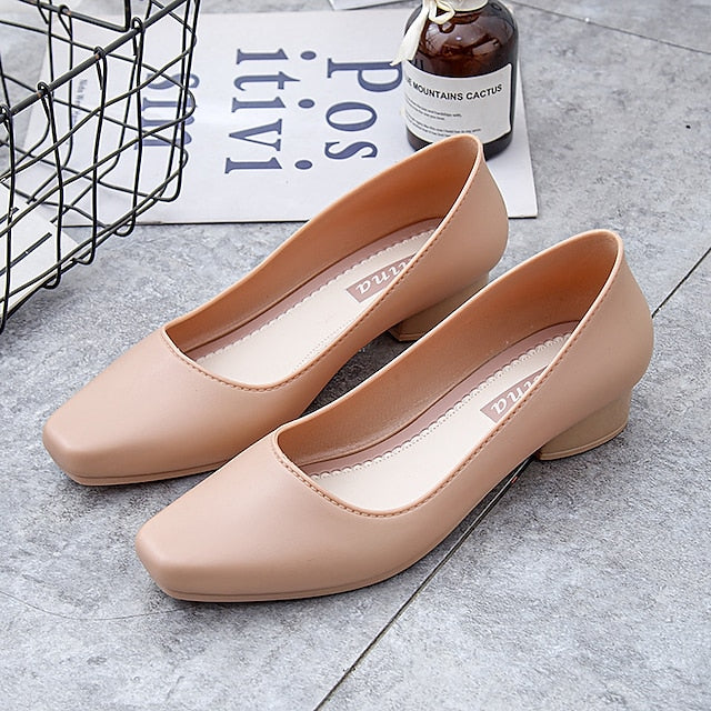 Women's Toe Classic Low Heel Pumps Black Round Slip-On –
