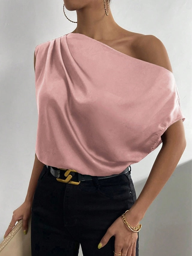 Women's Satin Tank T Shirt Tee Top Asymmetrical Plain