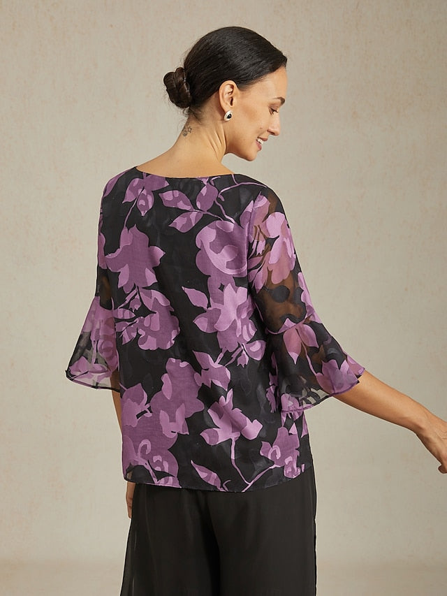Women's Chiffon Burnout Top Black Purple Round Neck Casual