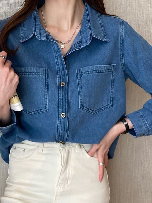 Women's Shirt Blouse Pocket Buttons Plain Casual Long