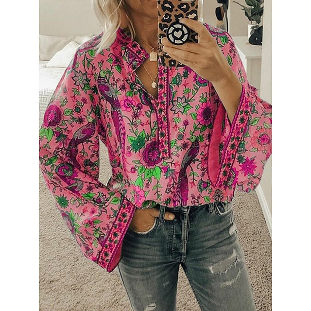 Women's Shirt Blouse Yellow Pink Dusty Rose Graphic Floral
