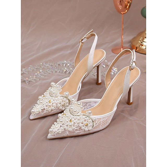 Heel Slingback Kitten White Pearl-Embellished with Pointed-Toe