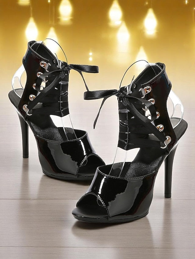 Patent Stiletto Lace-Up Black Sexy Cutout Sandals Women's -