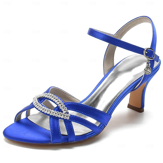 Dark Strappy Blue Women's Heels with Rhinestone Satin