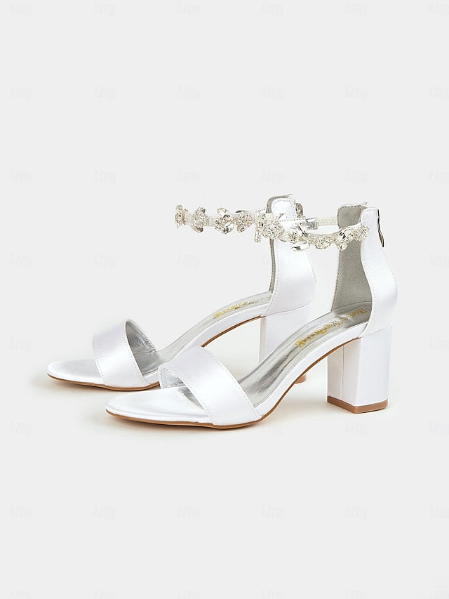 Heel White Sandals Ankle Block Satin Bridal with Strap Floral