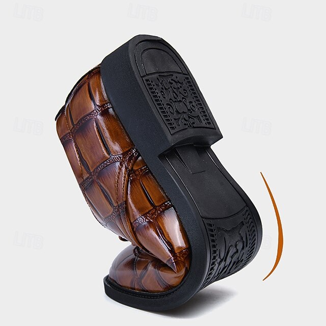 Crocodile-Pattern Brown Leather Shoes Men's