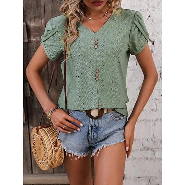 Women's T Shirt Eyelet Plain Fashion Stylish Classic Short
