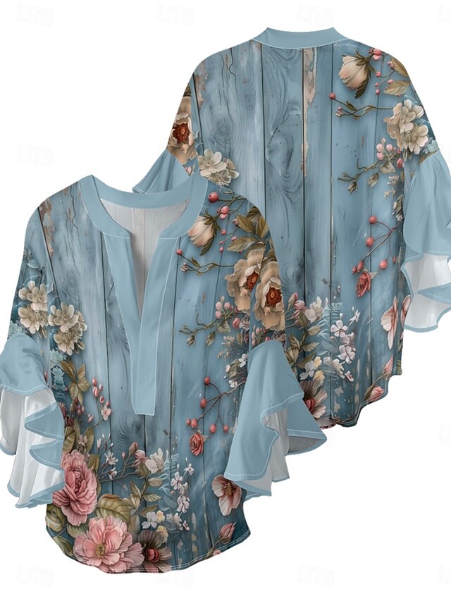 Women's Blouse Ruffle Print Floral Stylish Modern 3/4