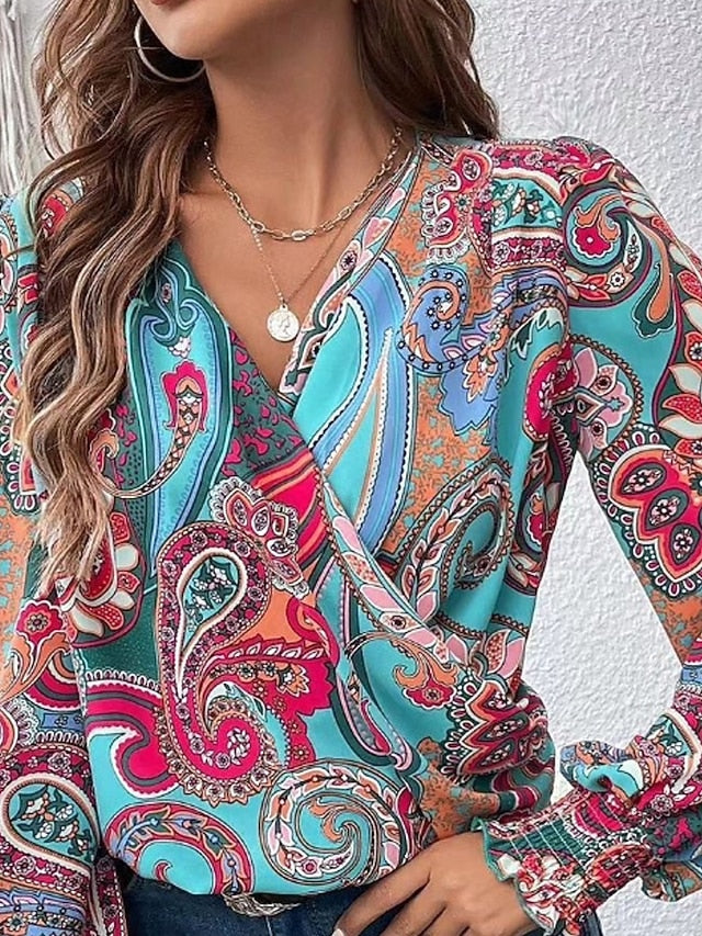 Women's Shirt Blouse Print Floral Casual Long Sleeve V Neck