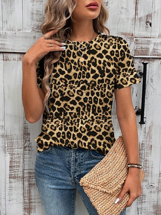 Women's T Shirt Print Leopard Casual Short Sleeve Round