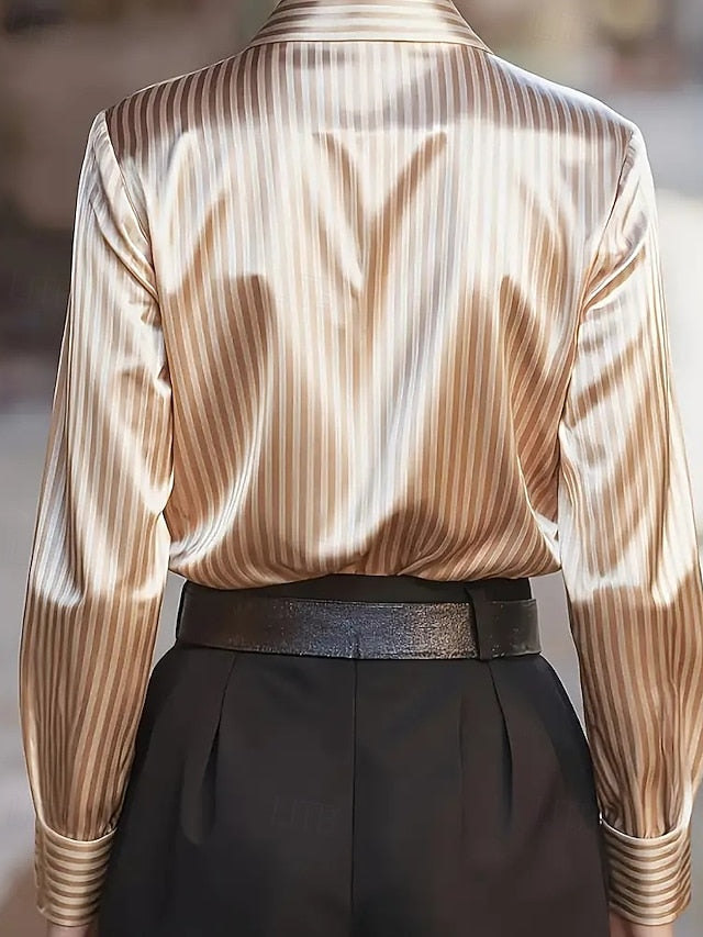 Women's Shirt Elegant Dressy Satin Top Buttons Striped