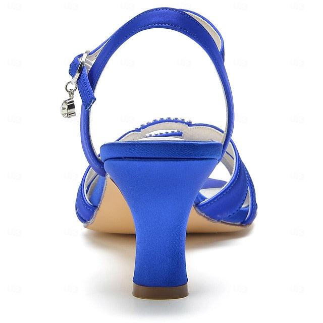 Dark Strappy Blue Women's Heels with Rhinestone Satin