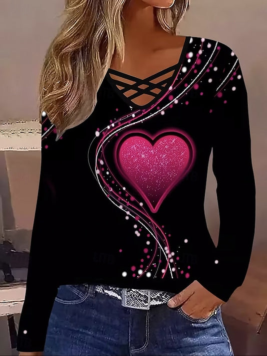 Women's T Shirt Cut Out Print Heart Graphic Vintage Stylish