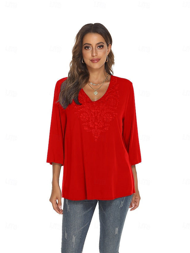 Women's Boho Shirt Embroidered Floral Bohemia Casual 3/4