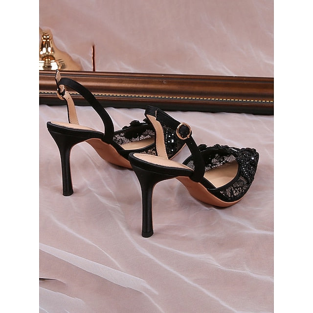 Heel Slingback Kitten White Pearl-Embellished with Pointed-Toe