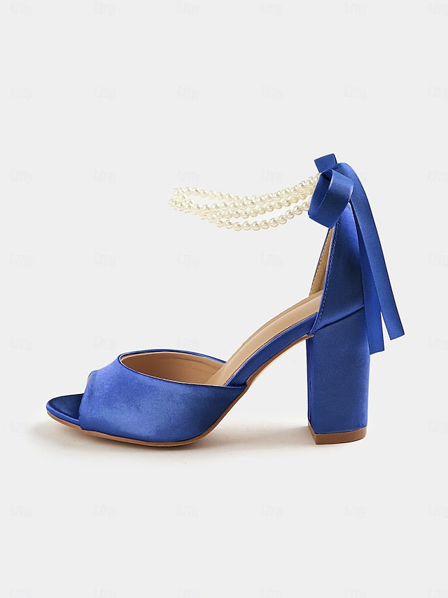 Block Ankle Peep-Toe Satin Pearl Heel Sandals Women's with
