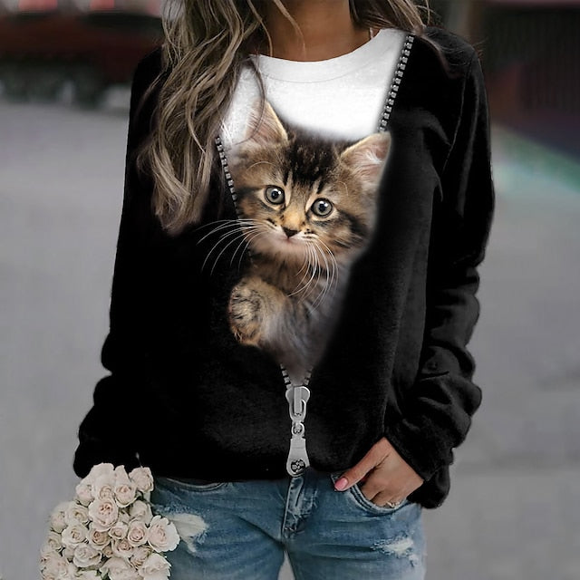 Women's Plus Size Sweatshirt Pullover Cat Street Casual