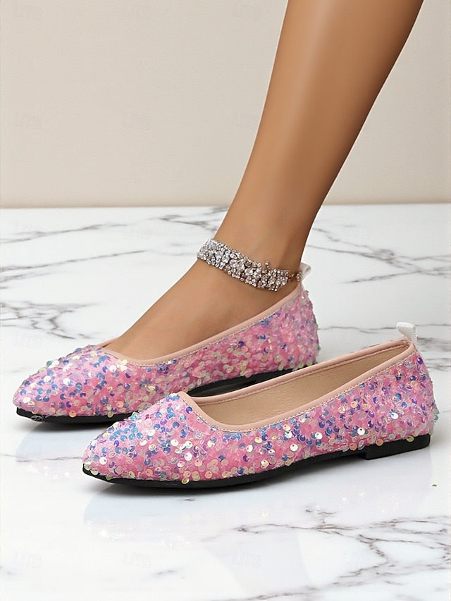 Sparkly Flats Sequin Women's Black Toe Pointed - Ballet