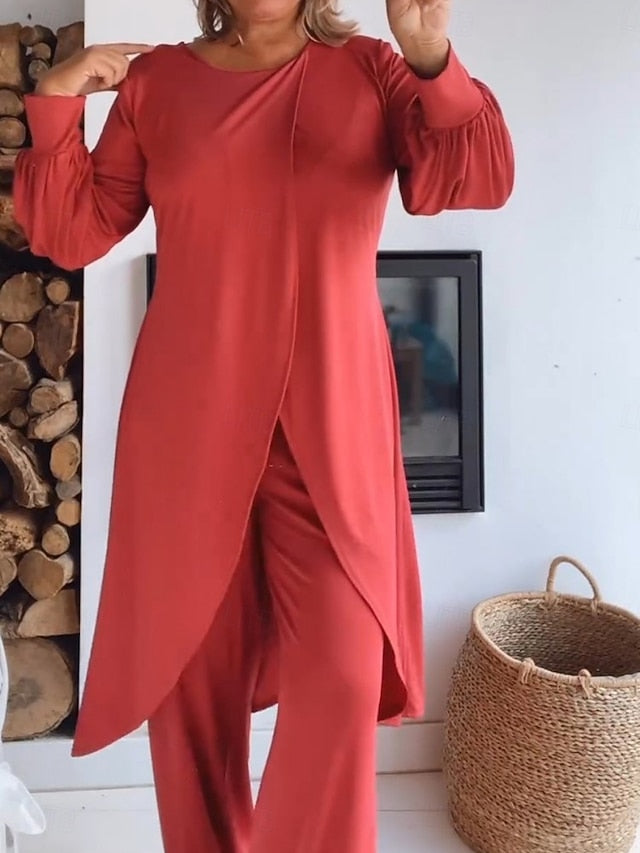 Women's Pants Sets Long Sleeve Crew Neck Solid Color Ruched