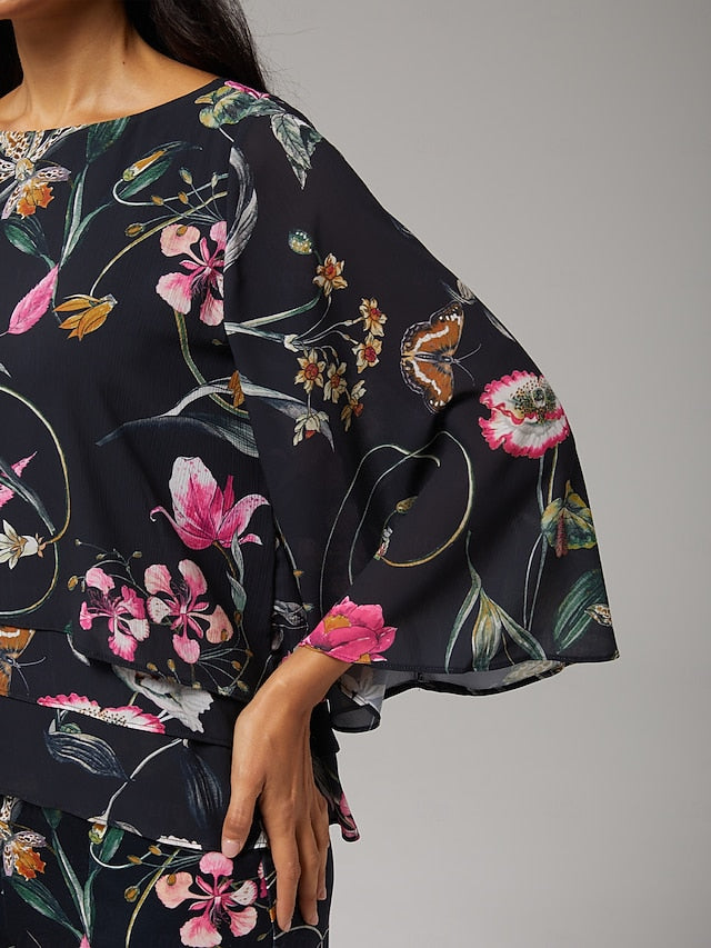 Women's Blouse Black Floral 3/4 Sleeve Loose Round Neck