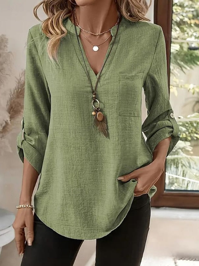 Women's Cotton Linen Shirts Buttons Solid Color Stylish
