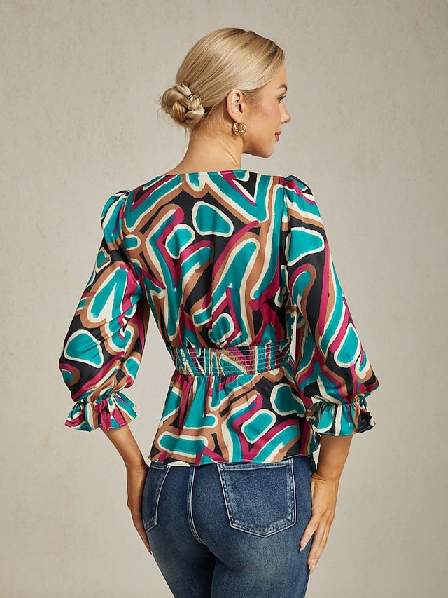 Colorful Abstract Print Satin Top with Cinched Waist