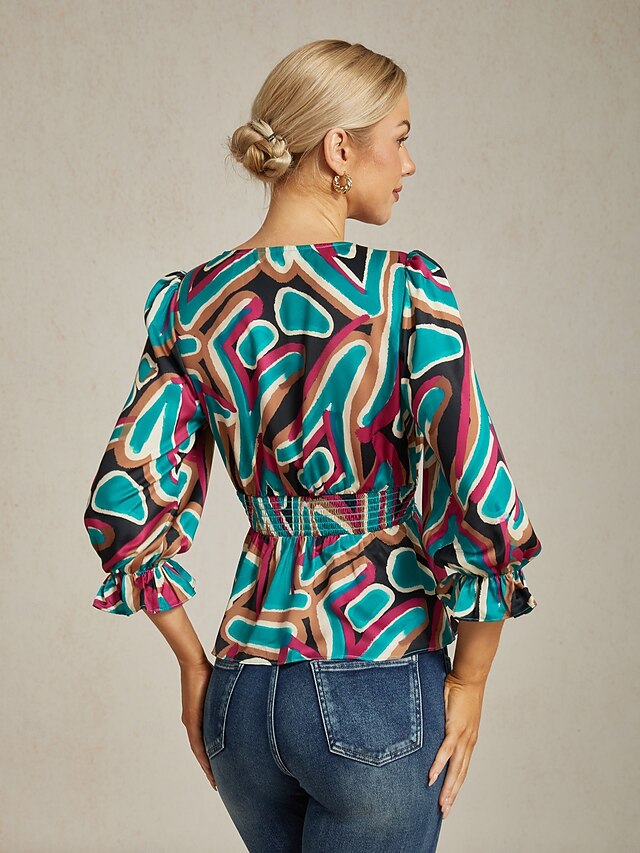 Colorful Abstract Print Satin Top with Cinched Waist