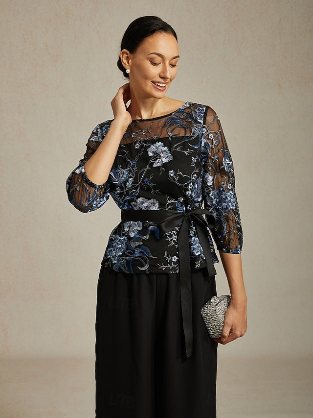 Women's Dressy Tops Embroidered Illusion Lace Elegant 3/4