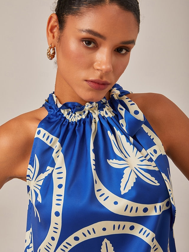 Geometric Print Sleeveless Top with Ruffle Tie Neck
