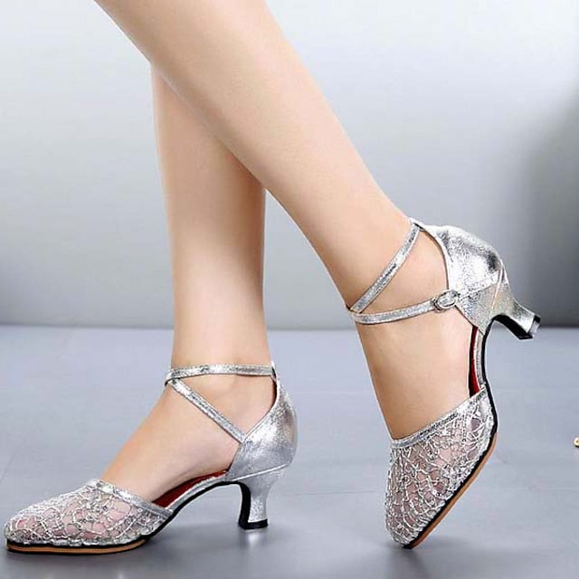 Dance Silver Shoes Mesh Latin Heel Lace – Women's Low