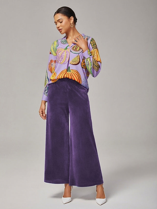 Women's Purple Pumpkin Print Pullover Shirt Loose Fit Drop