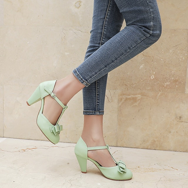 – T-Strap 1950s Vintage Chunky Mint Bow Retro with Green Heels